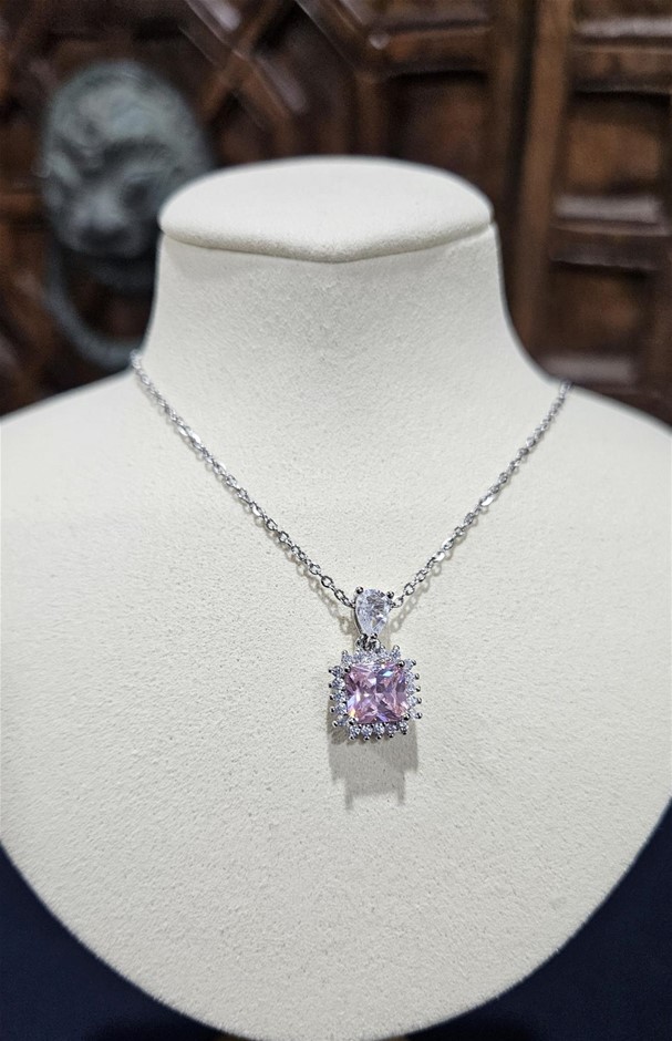 925 Sterling Silver Pink stones Princess Cut Necklace-Simulated Diamonds