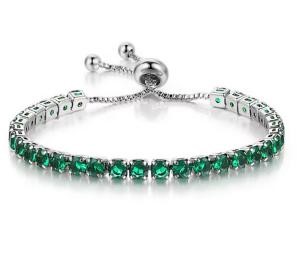 925 Sterling Silver Tennis Bracelet Green Simulated Diamonds-adjustable