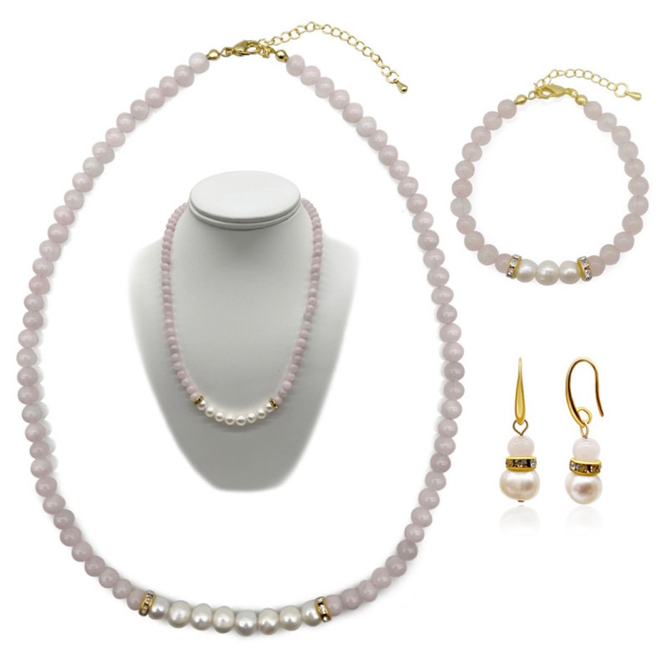 7-8mm Pearl & Rose Quartz Real 18k Gold Plated Jewellery Set