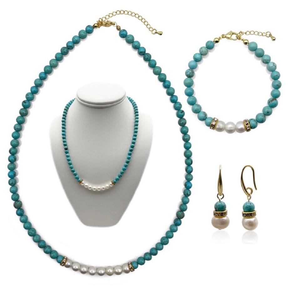 7-8mm Pearl & Turquoise Real 18k Gold Plated Jewellery Set