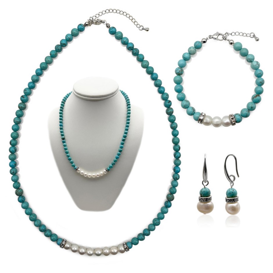 7-8mm Pearl & Turquoise Real Platinum Plated Jewellery Set