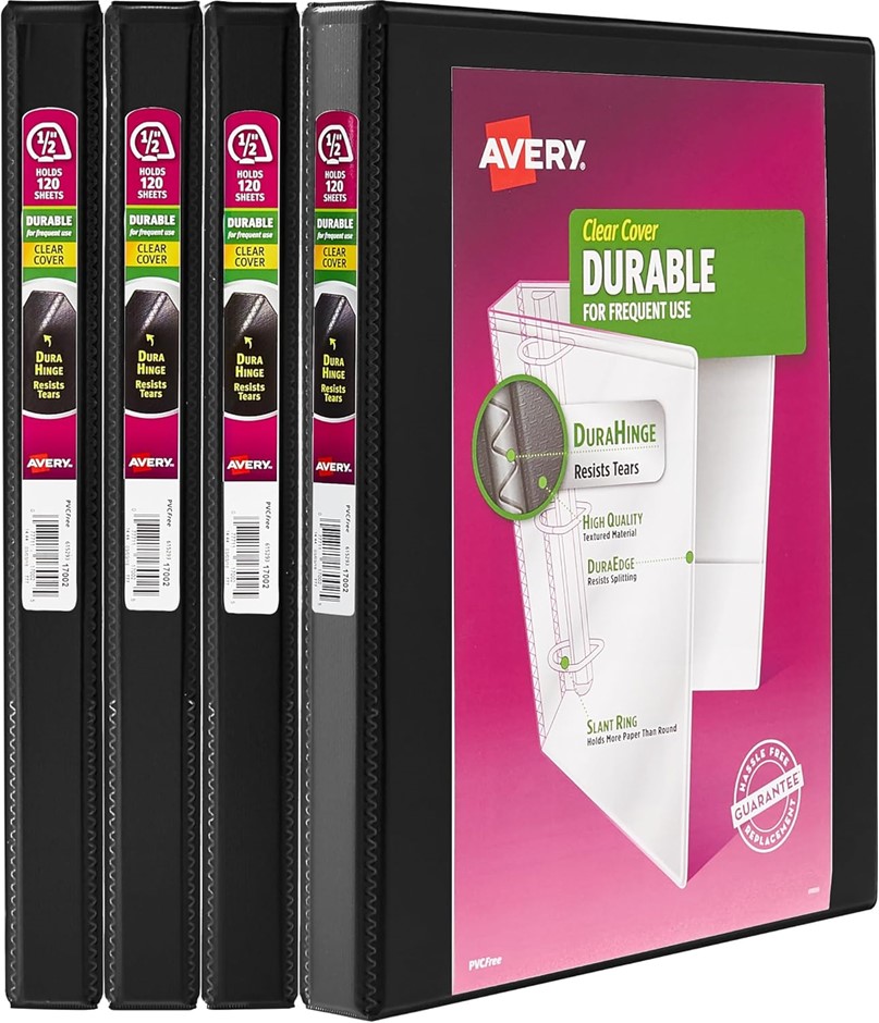 Avery Durable View 3 Ring Binder, 1/2 Inch Slant Rings, 4 Black Binders (05
