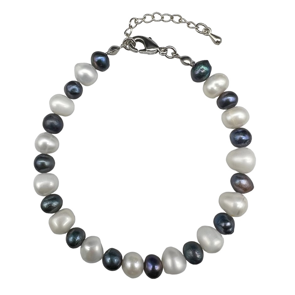 8-9mm White Potato Shape Pearl with Platinum Plated Bracelet