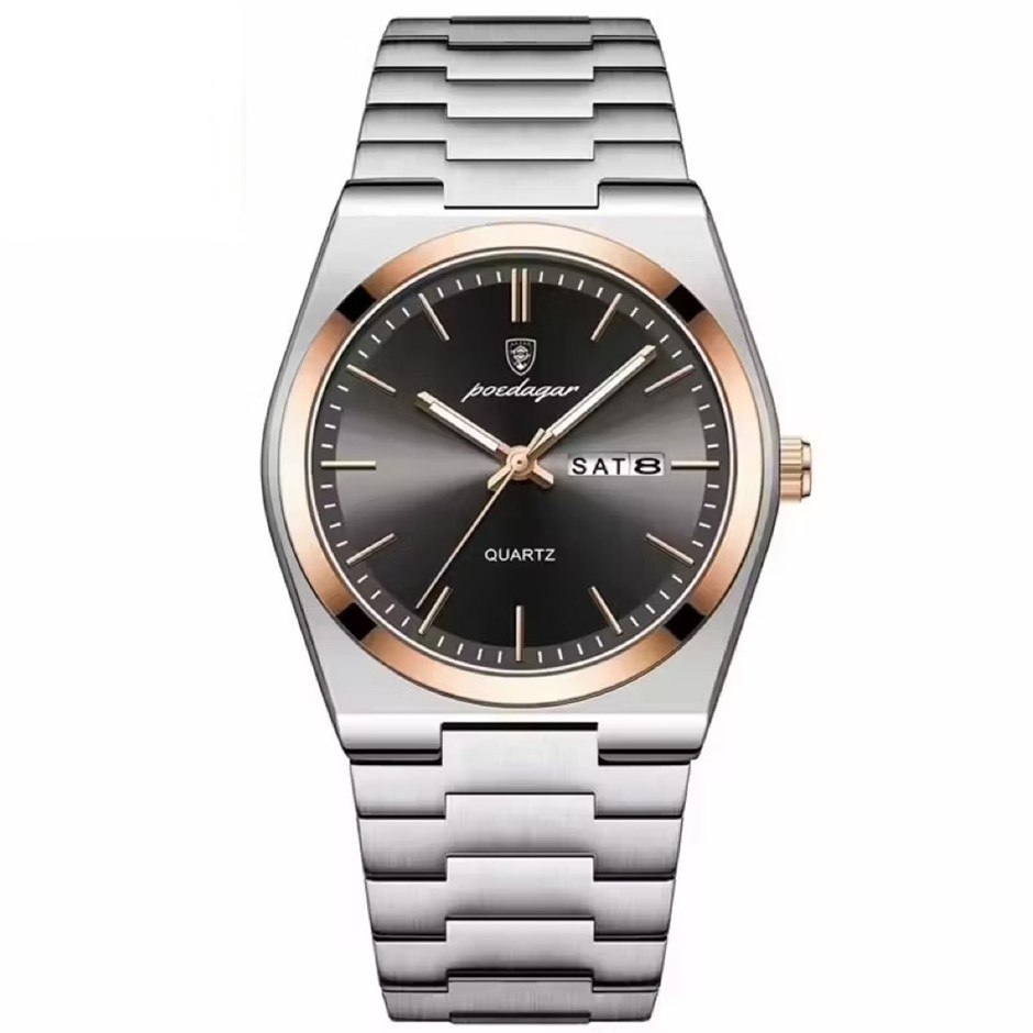 Luxury Quartz Watch Men,Stainless Steel Strap, Silver/Rose Gold/Black