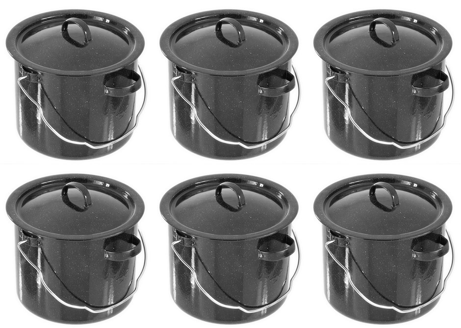 6 x 18cm Billy Can Pot Black Enamel Steel Glaze Canister Camp Cooking Brew