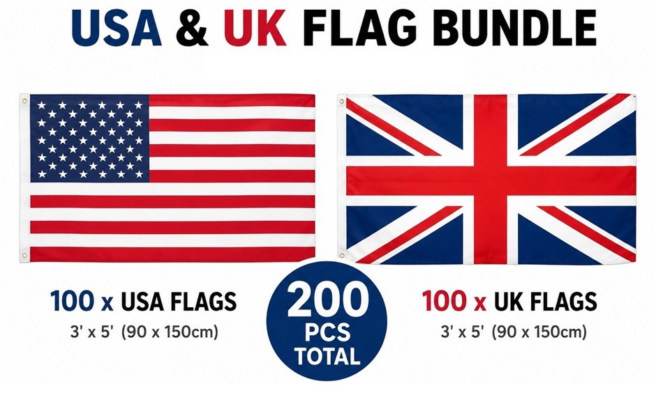 BUNDLE: USA United States American Flag (3' x 5') 100 Pieces + UK United Ki