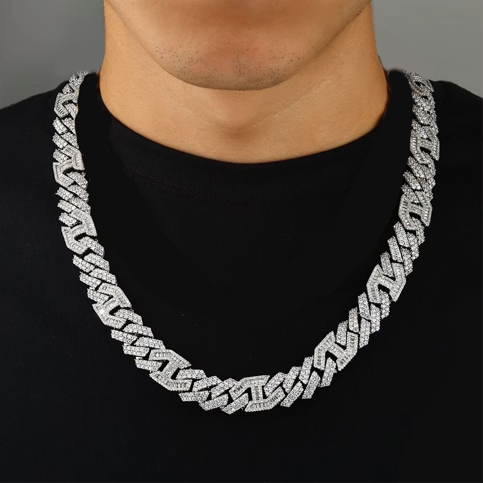 18K White Gold-Filled Cuban Necklace with AAA Cubic Zirconias - 60.9cm