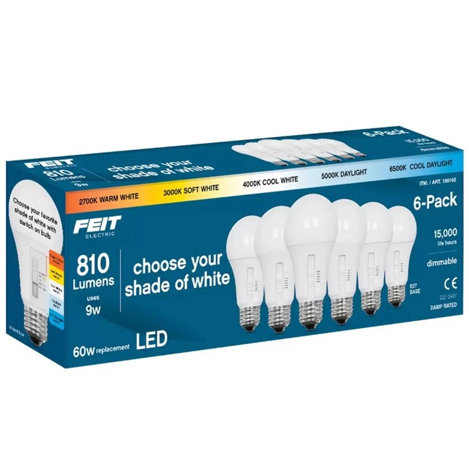 FEIT ELECTRIC 6pk LED Light Bulbs, 810 Lumens, 9W, E27 Base. NB: Missing 1