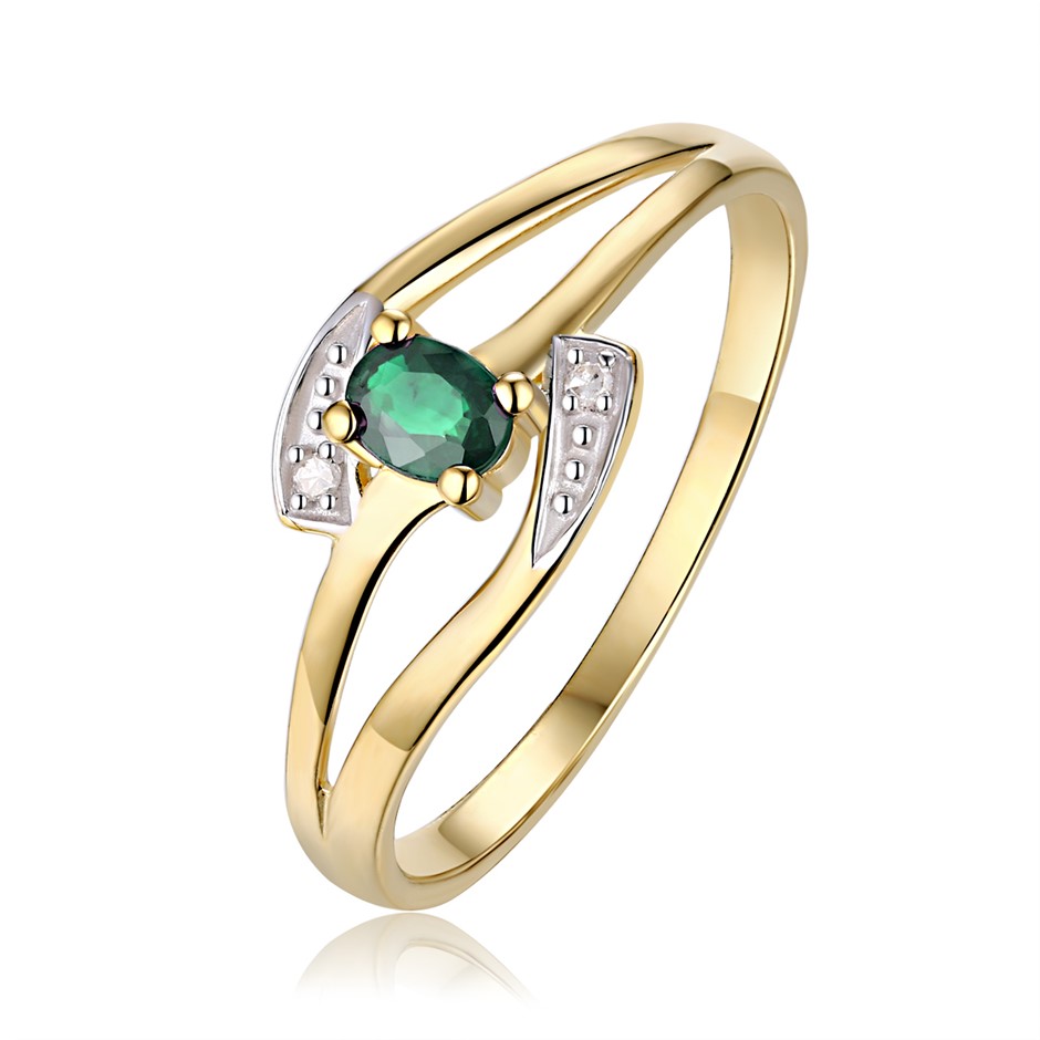 Genuine 9ct Yellow gold Natural Diamond & Natural Emerald Ring Size 7