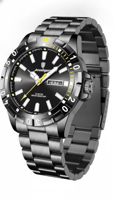 POEDAGAR Men's Black Stainless Steel Day Date Quartz Watch with Gift Box