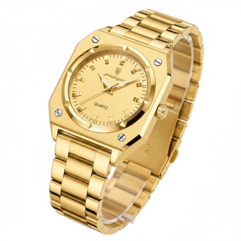 POEDAGAR Men's Gold-Tone Octagonal Quartz Watch with Gift Box