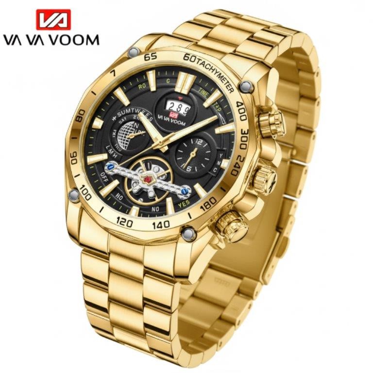VA VA VOOM Men's Gold-Tone Multi-Function Style Quartz Watch with  Box