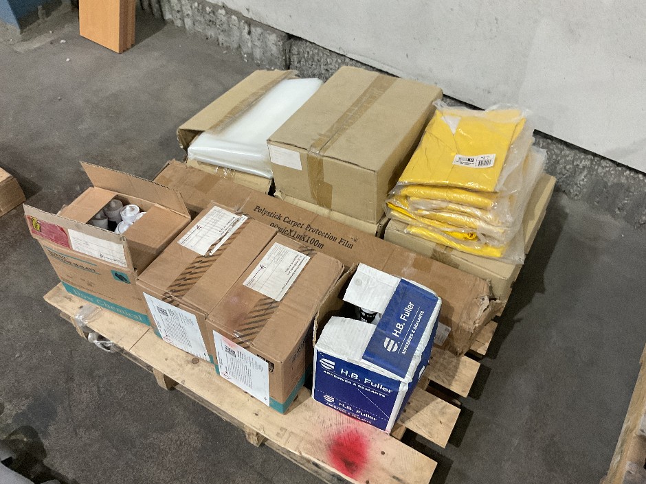 Pallet Of Assorted Adhesives, Sealants, Rain Jackets & Plastic Sheets