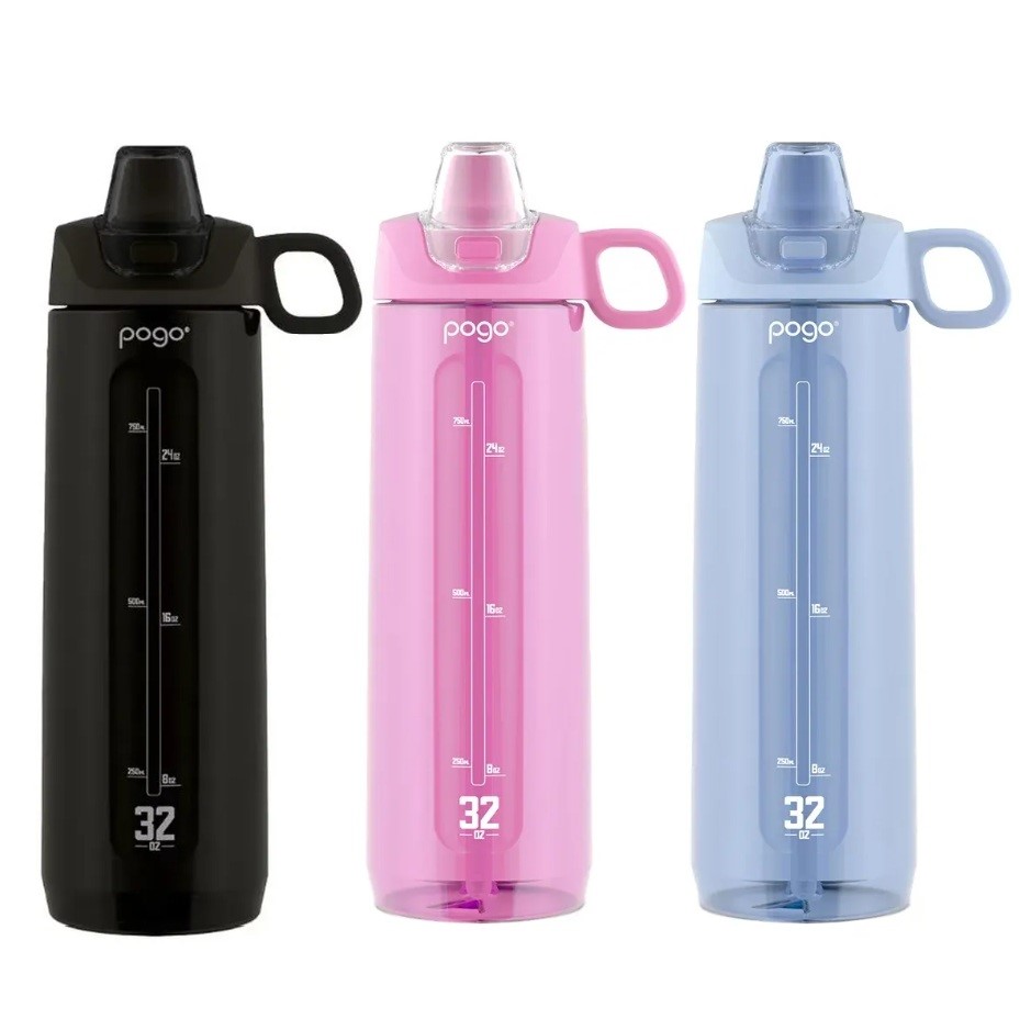 POGO 3pk Tritan Water Bottles, 946ml, Blue, Black & Pink.