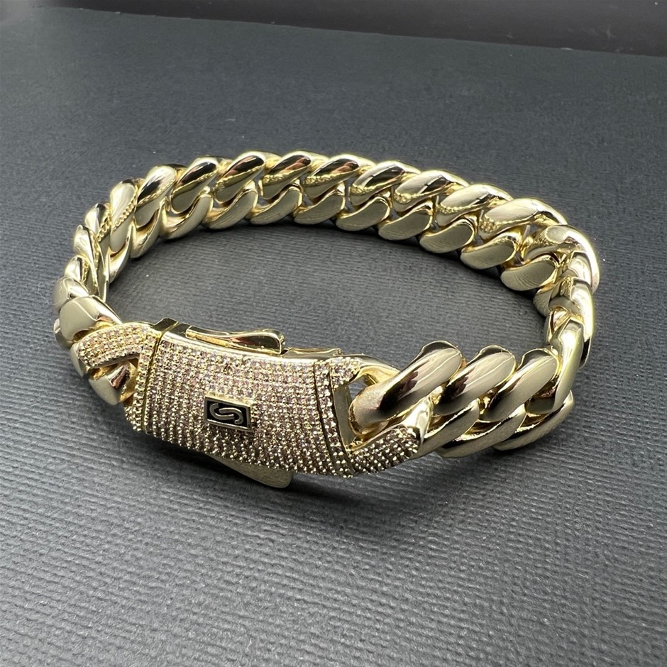 14K Gold-Filled Solid Bracelet, AAA Cubic Zirconias,15MM Wide - 17.8cm
