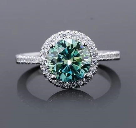 1.0ct GRA Moissanite Blue green Stones 18k White Gold Vermeil Ring -7US