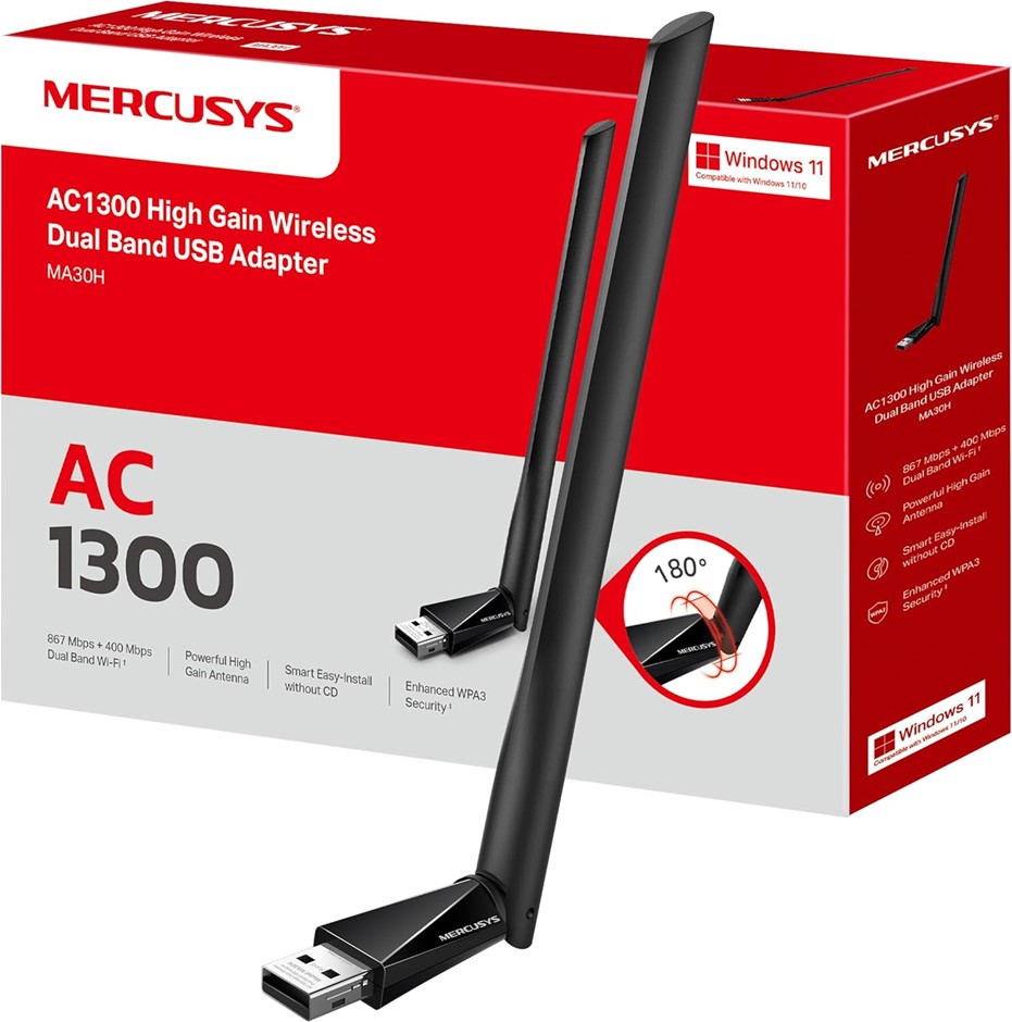 0017-3140639 · MERCUSYS AC1300 High Gain Wireless USB Adapter, Dual Band, Plug and Play, M