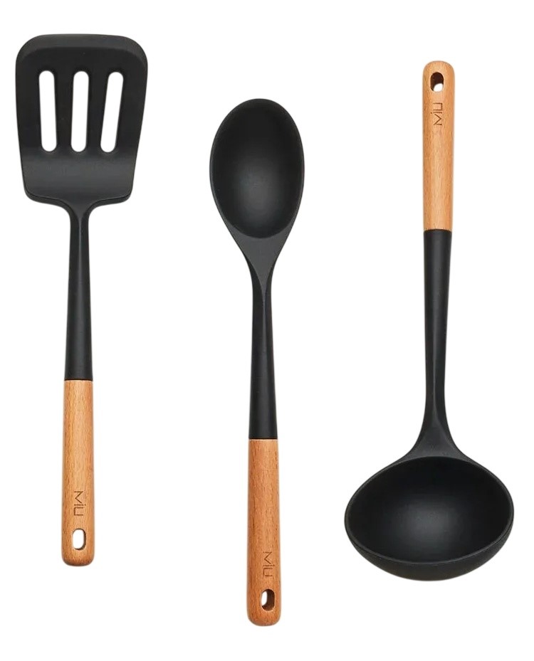 MIU Silicone Utensil Set 3 Piece, Beachwood Handle NB: no packaging
