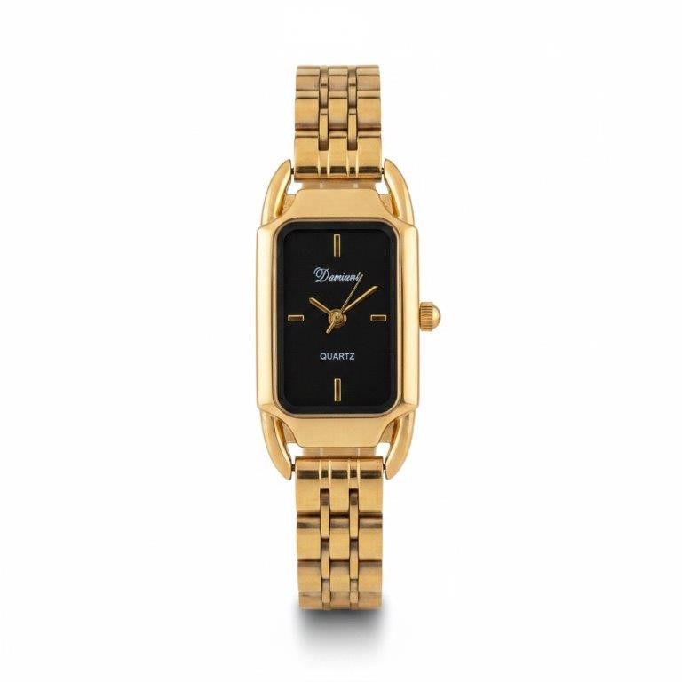 Elegant Gold-Tone Ladies Watch with Black Dial – Gift Box Included