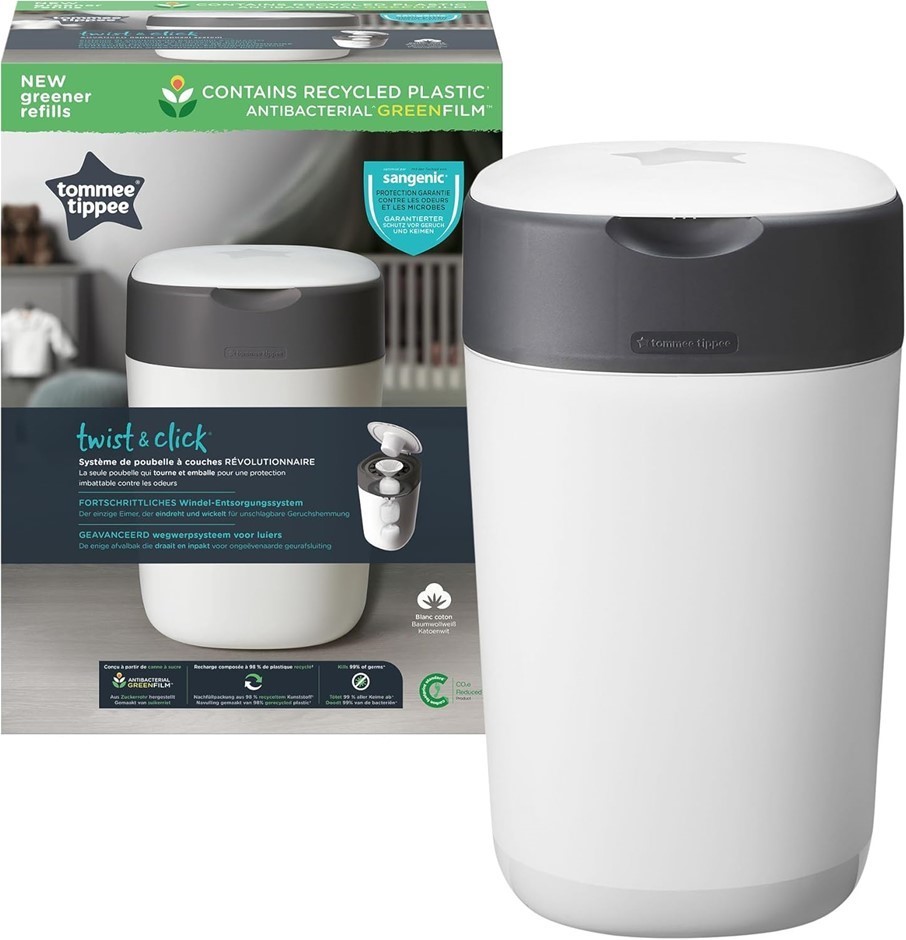 TOMMEE TIPPEE Twist and Click Advanced Nappy Bin, Eco-Friendlier System, In