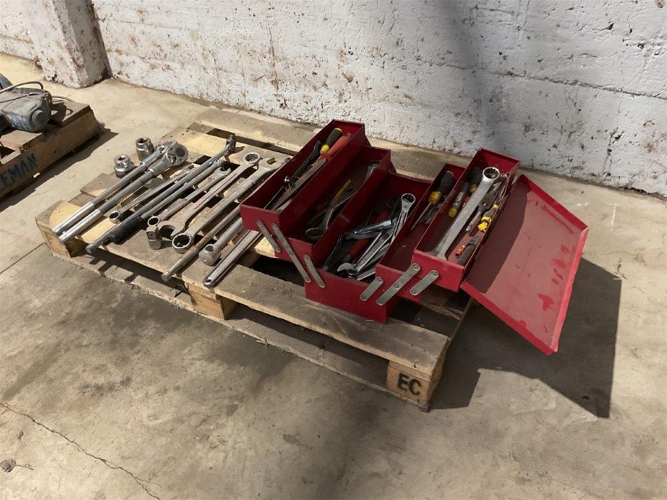 Pallet With Toolbox and Assorted Tools
