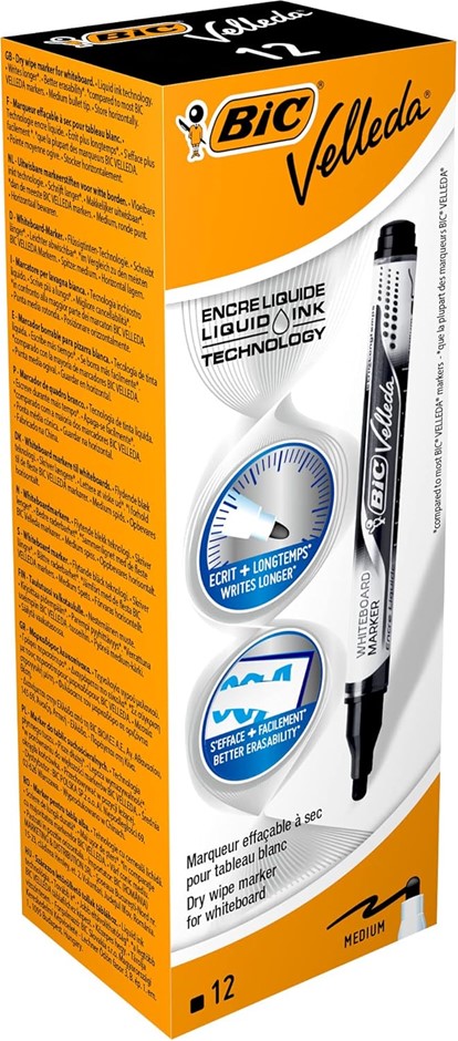 BIC Velleda Liquid Ink Dry Wipe Pocket Markers - Black (Pack of 12)