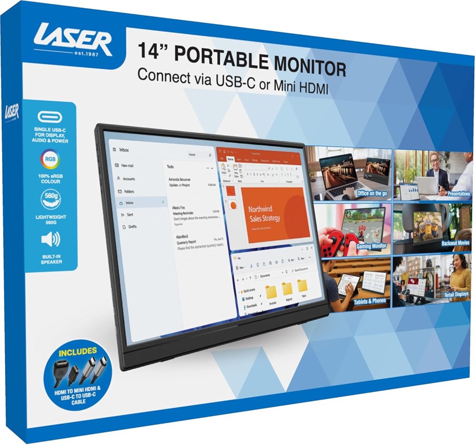 Laser 14 Inch Portable Monitor – Full HD 1080p IPS Display with USB-C Power