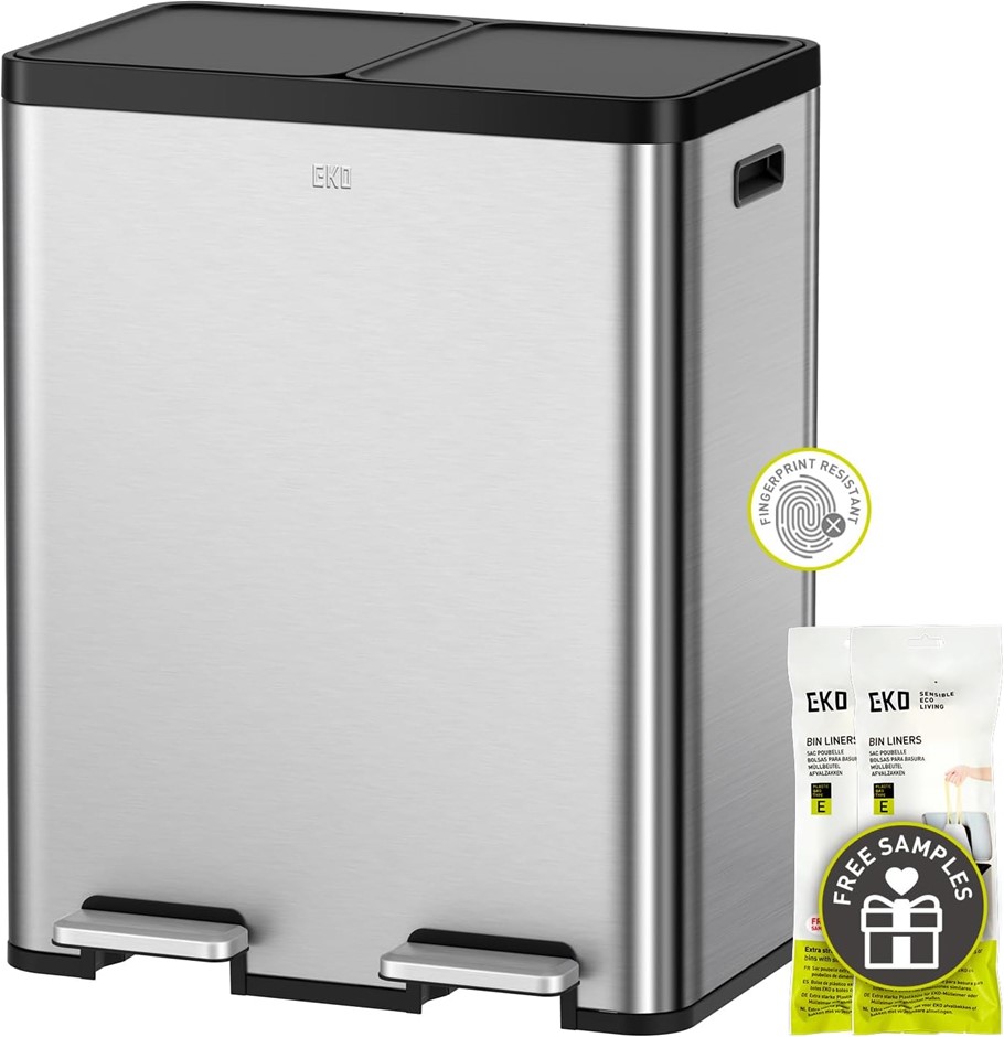 EKO Essential Recycle Step Stainless Steel Kitchen Trash can 30L+30L Dual P