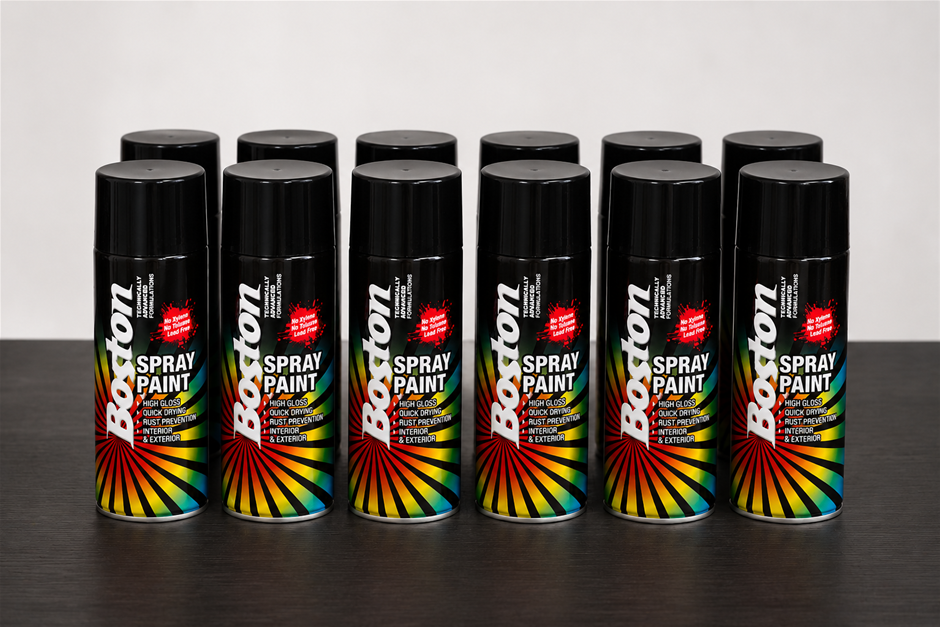 12x Boston Satin Black Spray Paint Can 250g