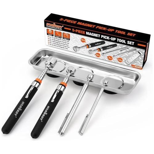 F755 - 5-Piece Magnetic Pickup Tools Set, 15Lb Magnets & Tray