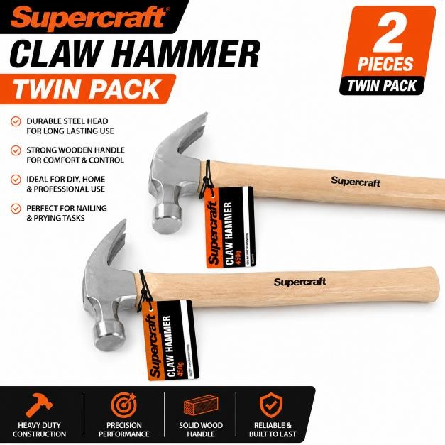 (2 Pack) Supercraft Wood Handle Claw Hammer