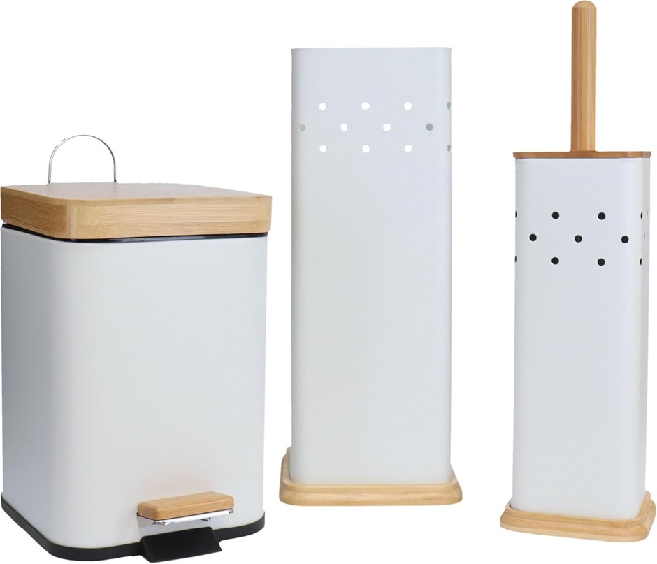 ECO BASICS 3 in 1 Square Bathroom Set, White – Bamboo & Recycled Plastic,