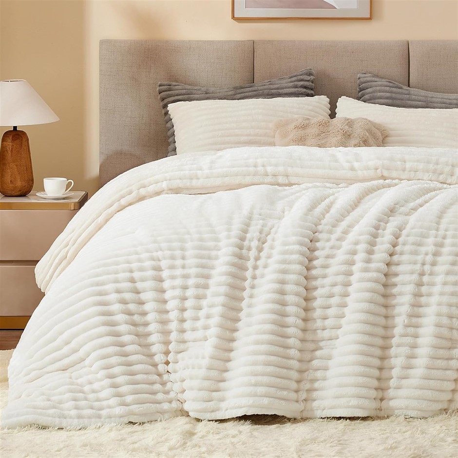 BEDELITE Fleece Twin Comforter Set -Super Soft & Warm Fluffy White Bedding,