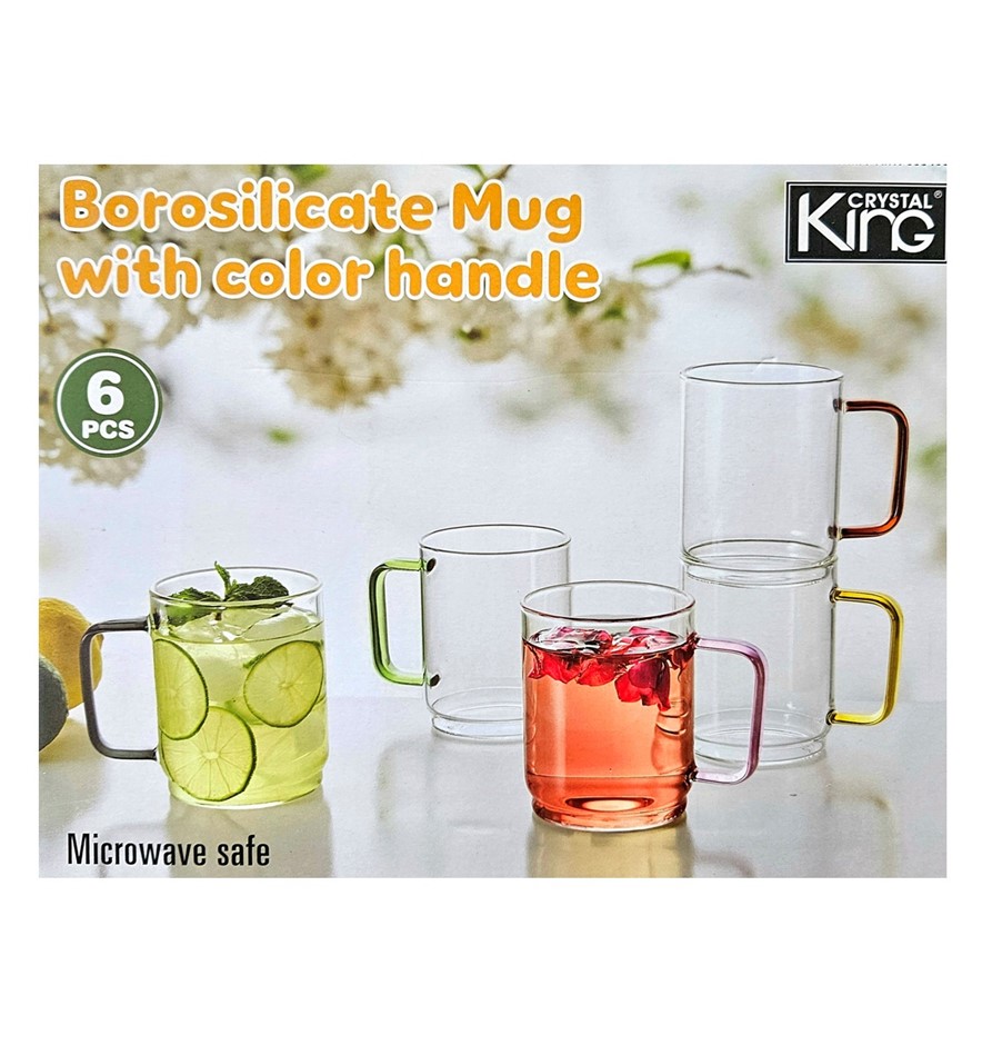 Box of 6pc CRYSTAL KING Borosilicate Mug w/ Colour Handle. NB: Damaged pack