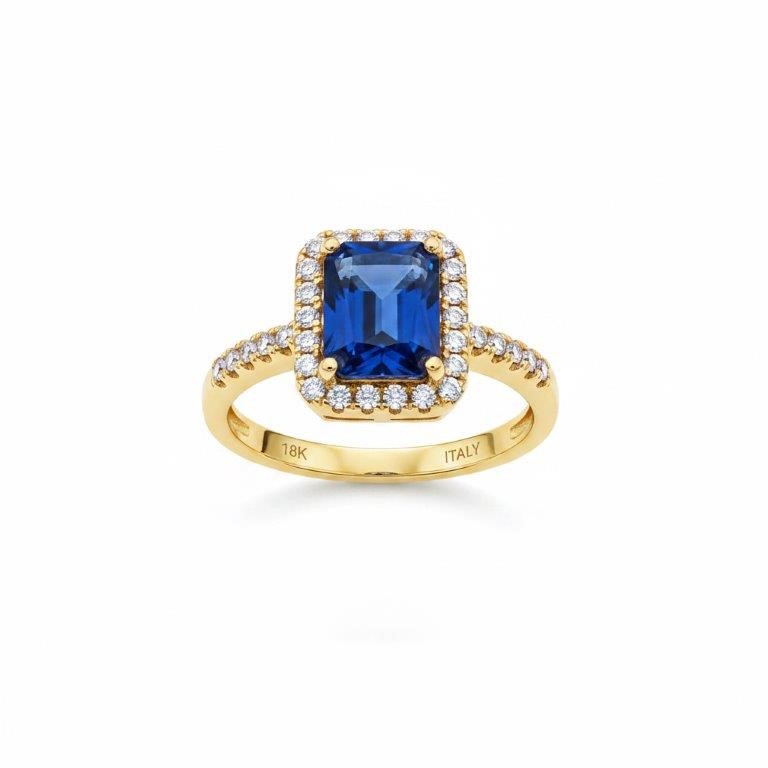 18K/Italy 2.5ct Blue Emerald Cut Yellow Gold Filled Ring(stamped)-7US