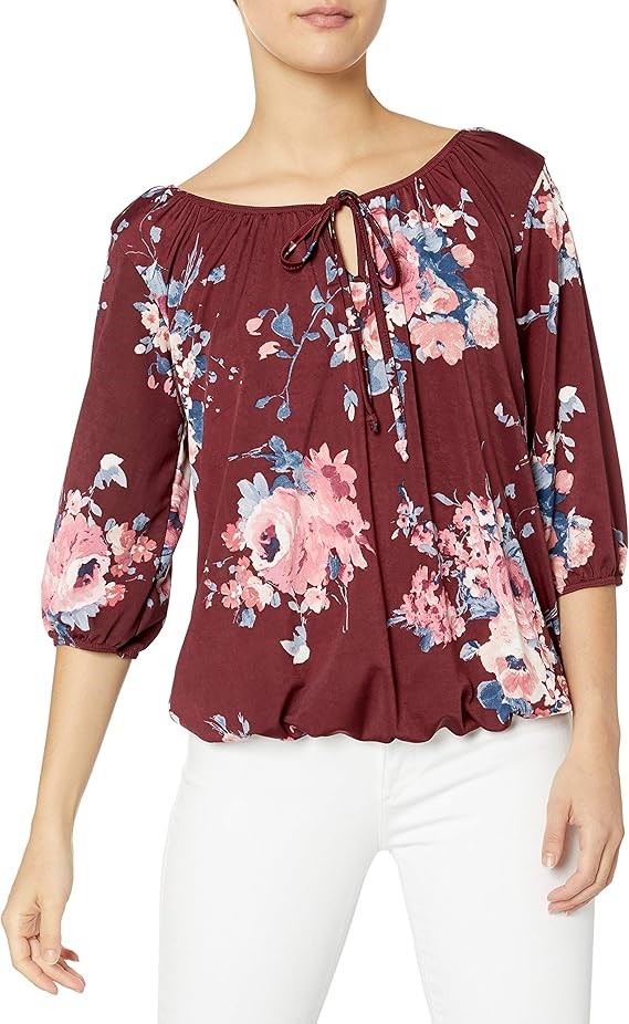 STAR VIXEN Women's 3/4 Sleeve, Front Tie Peasant Top, Size 2XL, Burgundy/Fl