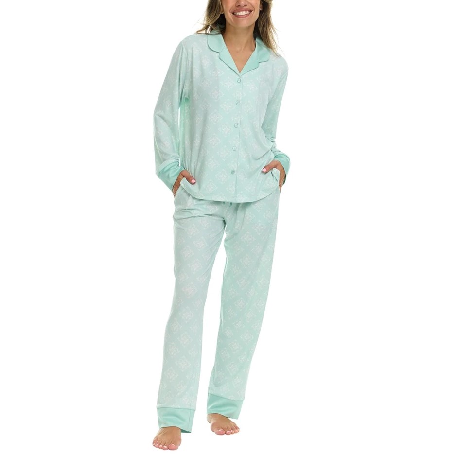 FLORA NIKROOZ Women's Satin Trim PJ Set, Size M, Green. Buyers Note - Disc