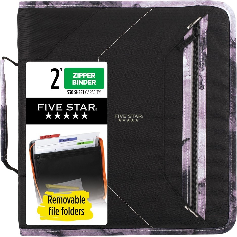Five Star Zipper Binder, 2 Inch 3-Ring Binder for School, 530 Sheet Capacit