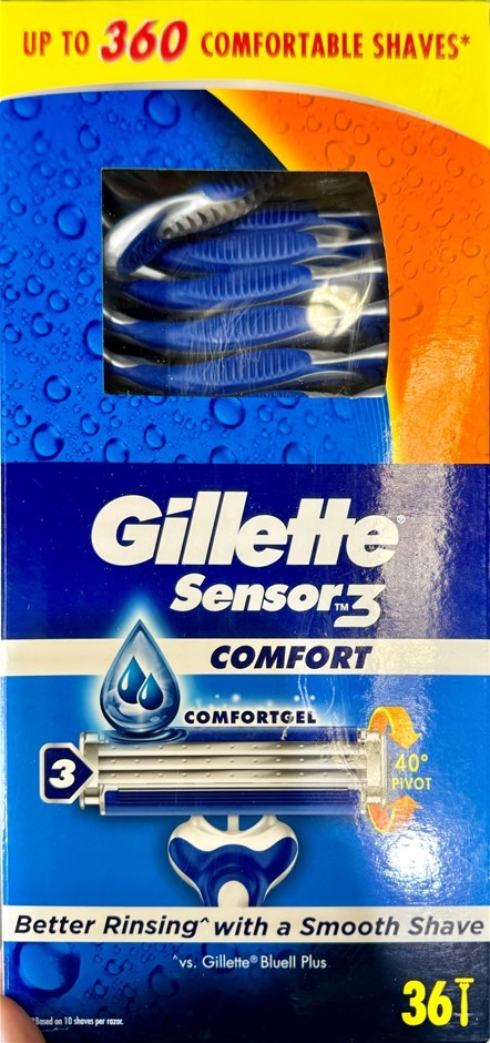 GILLETTE Box of 36pc Sensor 3 Comfort Disposable Razor. NB: Damaged packagi