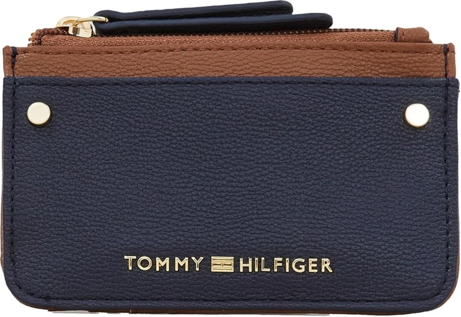 TOMMY HILFIGER Women's Sydney Zip Card Case, Navy/Cognac. Buyers Note - Di