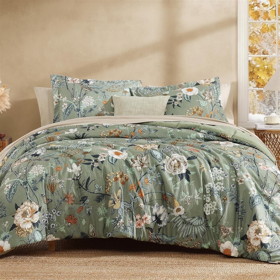 CASAAGUSTO King Size Comforter Set, 7 PCS Green Floral Comforter Set with F