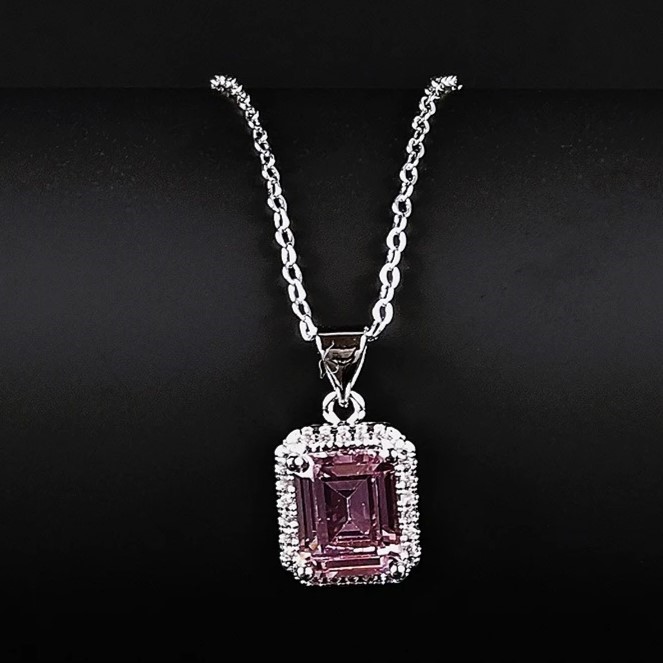 Rectangular Pink Pendant Necklace in Silver