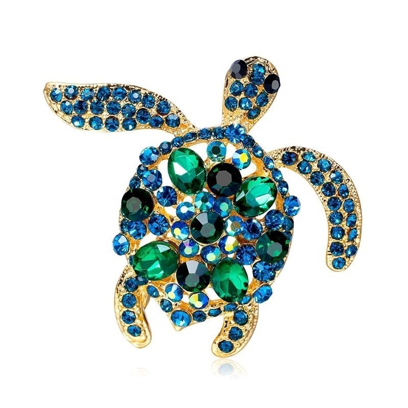 Designer Simulated Diamond Green, Blue & Gold Turtle Brooch Pin