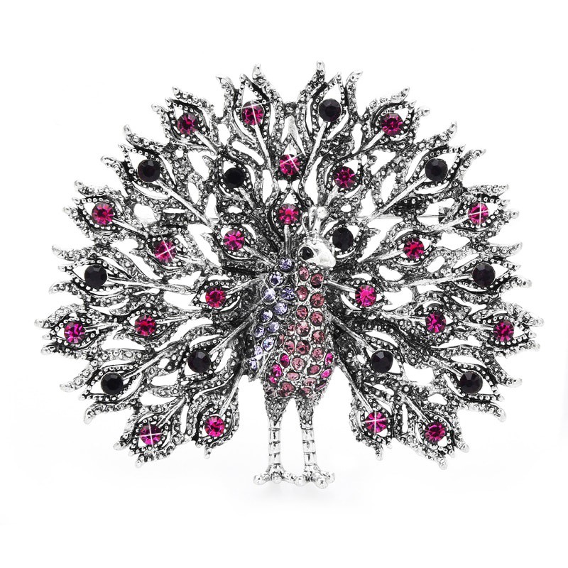 Designer Pink & Peach Crystal Statement Peacock Brooch