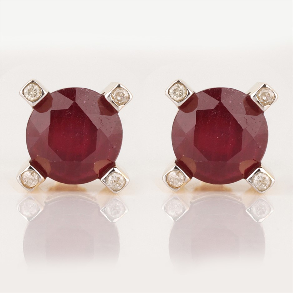 9ct Yellow Gold Natural Ruby & Diamond Earrings