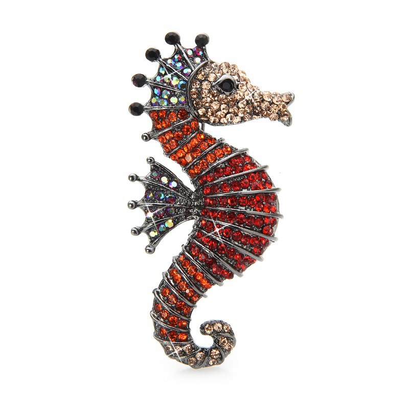 Designer Simulated Diamond Red & Champagne Seahorse Brooch Pin