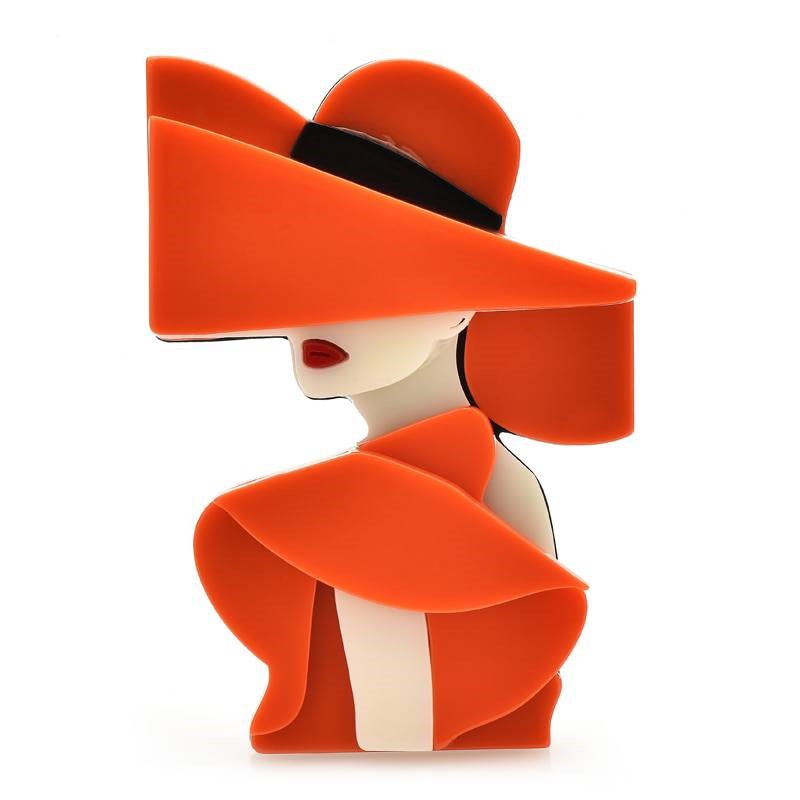 Designer Enamel Orange Acrylic Charming Lady Brooch Pin