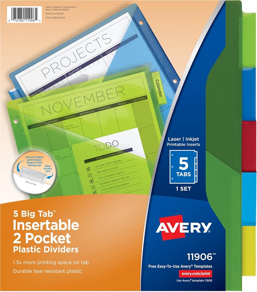 Avery Dividers for 3 Ring Binders, 5-Tab Sets, Two-Pocket Plastic Binder Di
