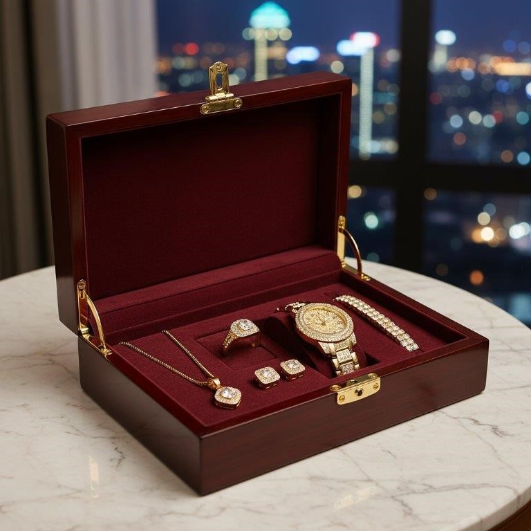 6-Piece Jewellery Set white Stones(Gift Box Included)-18k Yellow Gold