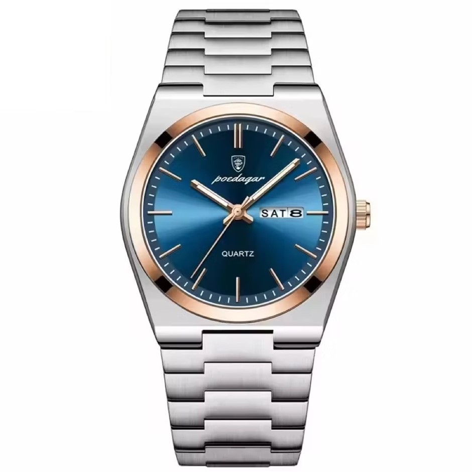 Luxury Quartz Watch Men with Stainless Steel Strap, Silver/Rose Gold/Blue